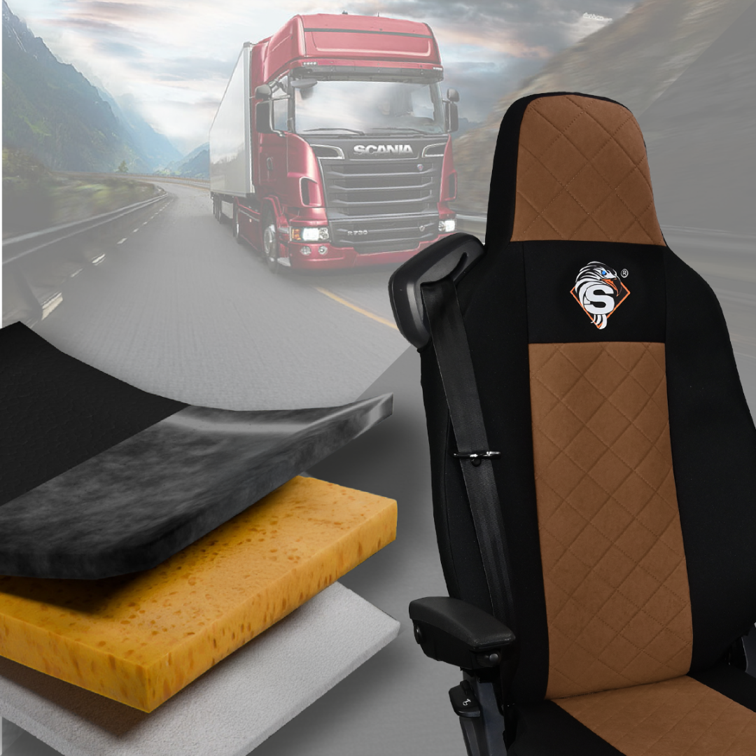 Pokrowce na fotele SCANIA seria R od 2013, seria S od 2017, fotele lotnicze 2 pasy, fotel kierowcy i pasażera PREMIUM - KONFIGURACJA D - BRĄZOWY SABA