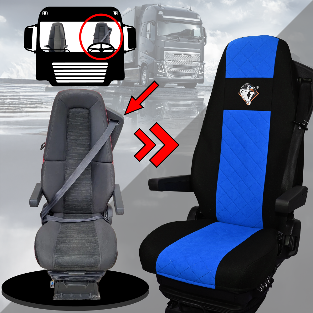 Pokrowce na fotele VOLVO FH4, FH, FH16, FMX, FM od 2013, FH5 od 2021, AERO od 2024 - 1 pas NIEBIESKI SABA