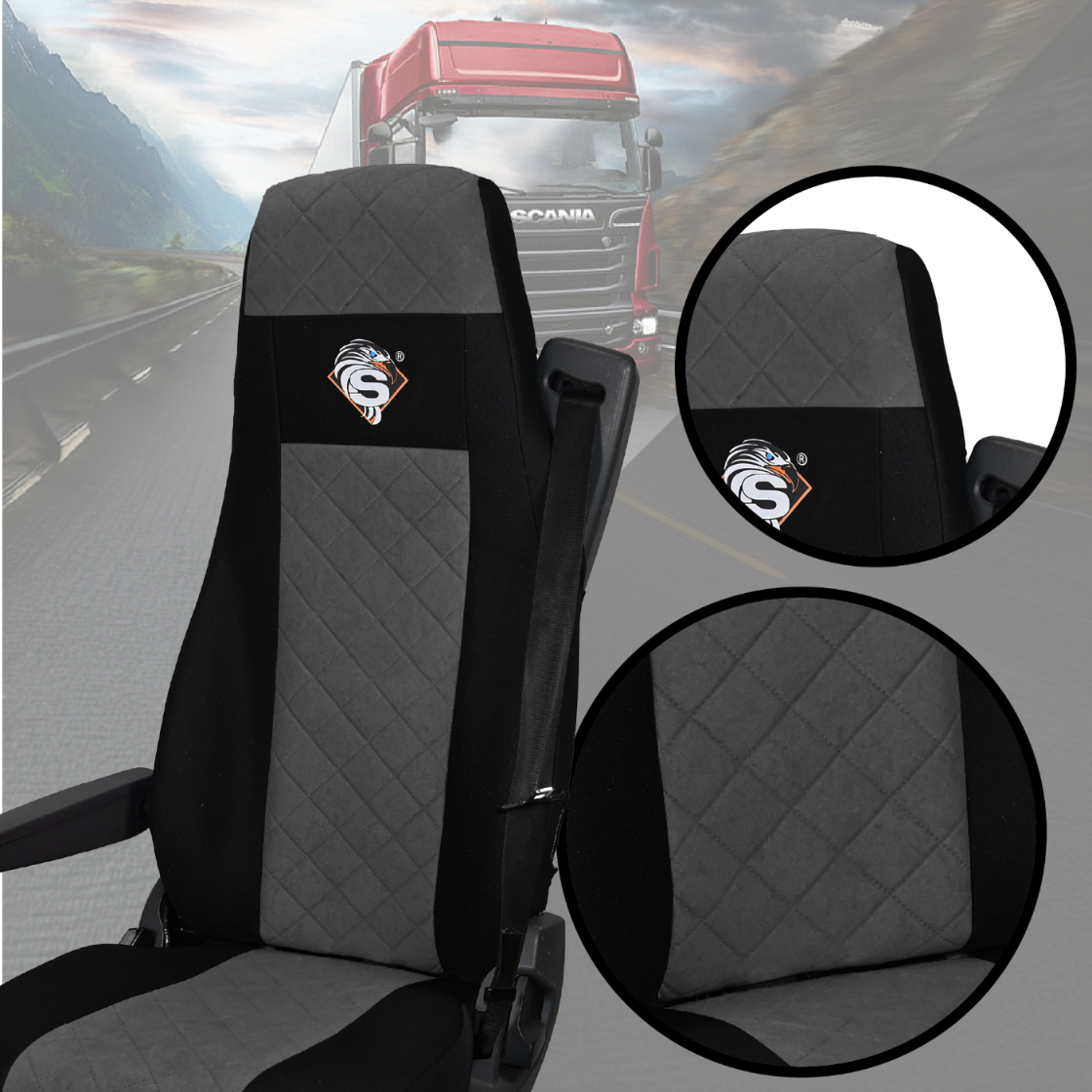 Pokrowce na fotele SCANIA seria R od 2004, 1+1, fotele lotnicze 2 pasy, fotel kierowcy i pasażera BASIC - KONFIGURACJA C - SZARY SABA