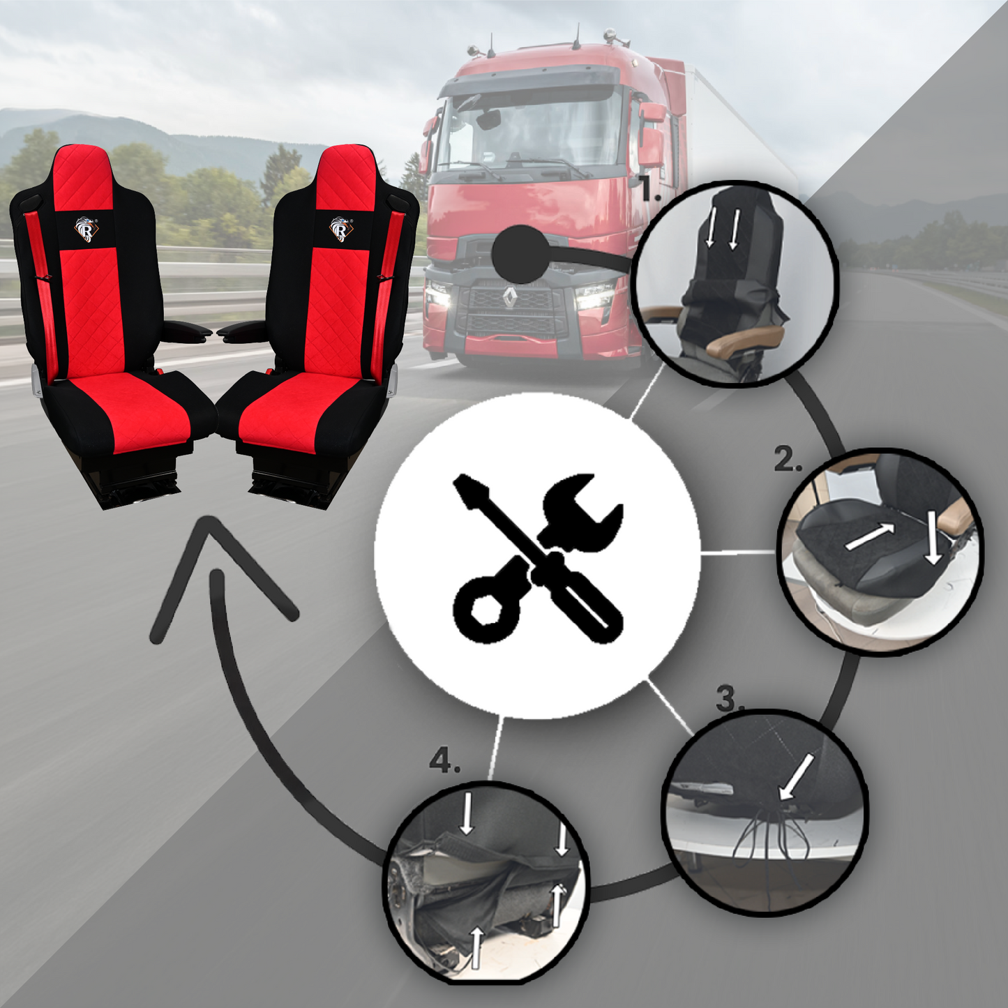 Pokrowce na fotele Renault Gama T od 2014 kierowca lotniczy, pasażer lotniczy 2 pasy  CZERWONY SABA