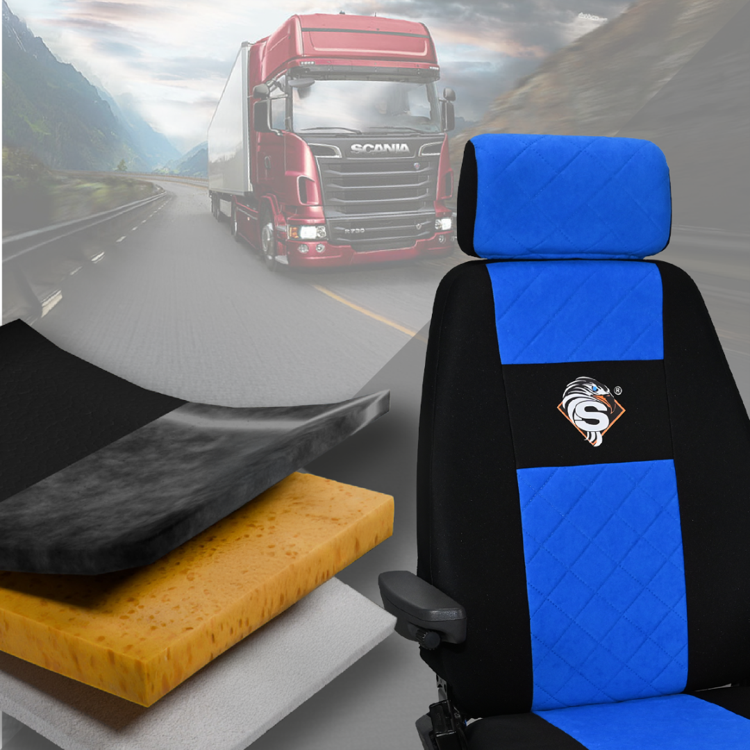 Pokrowce na fotele SCANIA seria R od 2004, 1+1, fotele różne 1 pas, fotel kierowcy BASIC - KONFIGURACJA A - NIEBIESKI SABA