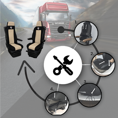 Pokrowce na fotele SCANIA seria R od 2013, seria S od 2017, fotele różne 2 pasy, fotel kierowcy PREMIUM, fotel pasażera BASIC - KONFIGURACJA E - BEŻ SABA
