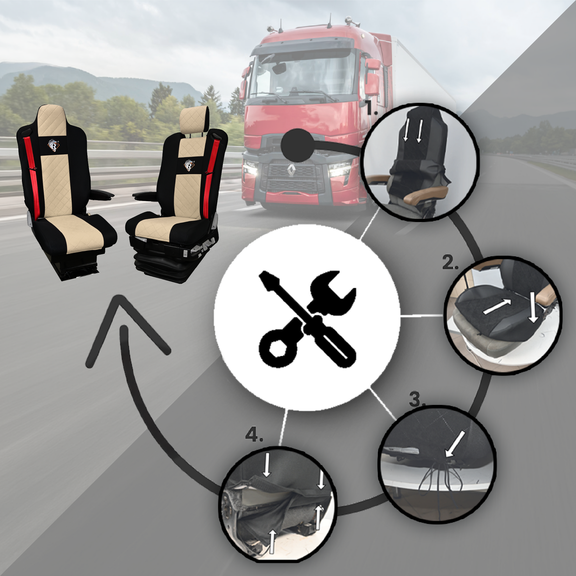 Pokrowce na fotele Renault Gama T od 2014 kierowca z zagłówkiem, pasażer lotniczy 2 pasy  BEŻ SABA
