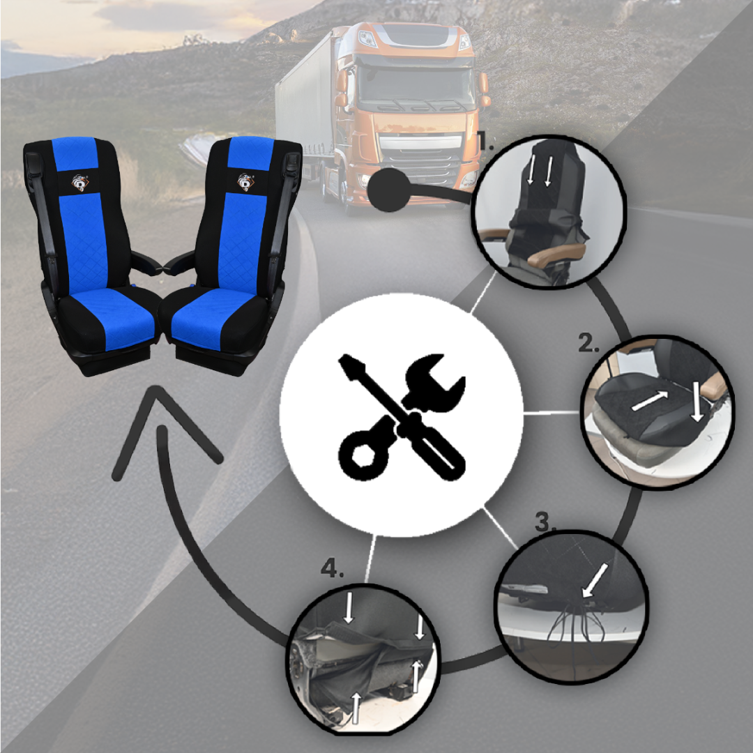 Pokrowce na fotele DAF 105 XF od 2012, 106 XF od 2013, XG, XG+ od 2022 2 pasy NIEBIESKI SABA