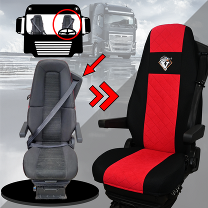 Pokrowce na fotele VOLVO FH4, FH, FH16, FMX, FM od 2013, FH5 od 2021, AERO od 2024 - 2 pasy CZERWONY SABA
