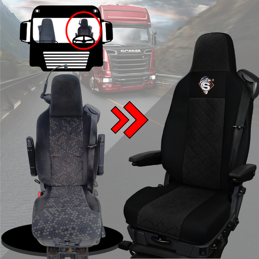 Pokrowce na fotele SCANIA seria R od 2013, seria S od 2017, fotele różne 2 pasy, fotel kierowcy PREMIUM, fotel pasażera BASIC - KONFIGURACJA E - CZARNY SABA