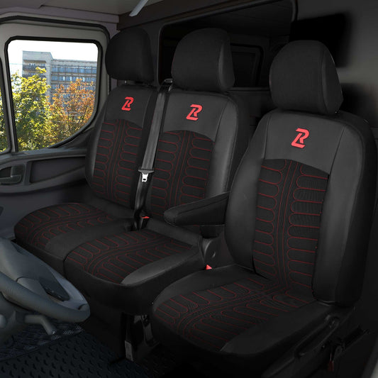 Pokrowce na fotele TORNADO Renault Trafic 3, Opel Vivaro B, Fiat Talento, Nissan NV300 1+2 (Kanapa z 2 zagłówkami siedzisko dzielone) - Czarno czerwone 