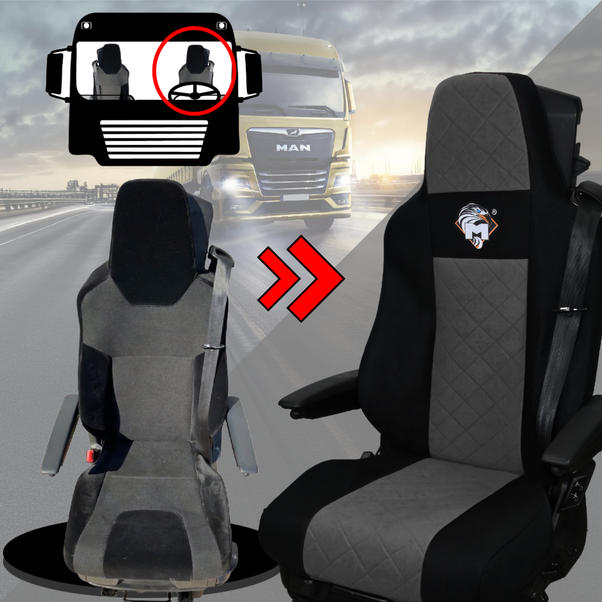 Pokrowce na fotele MAN TGX, TGM, TGL, TGS od 2020 2 pasy SZARY SABA