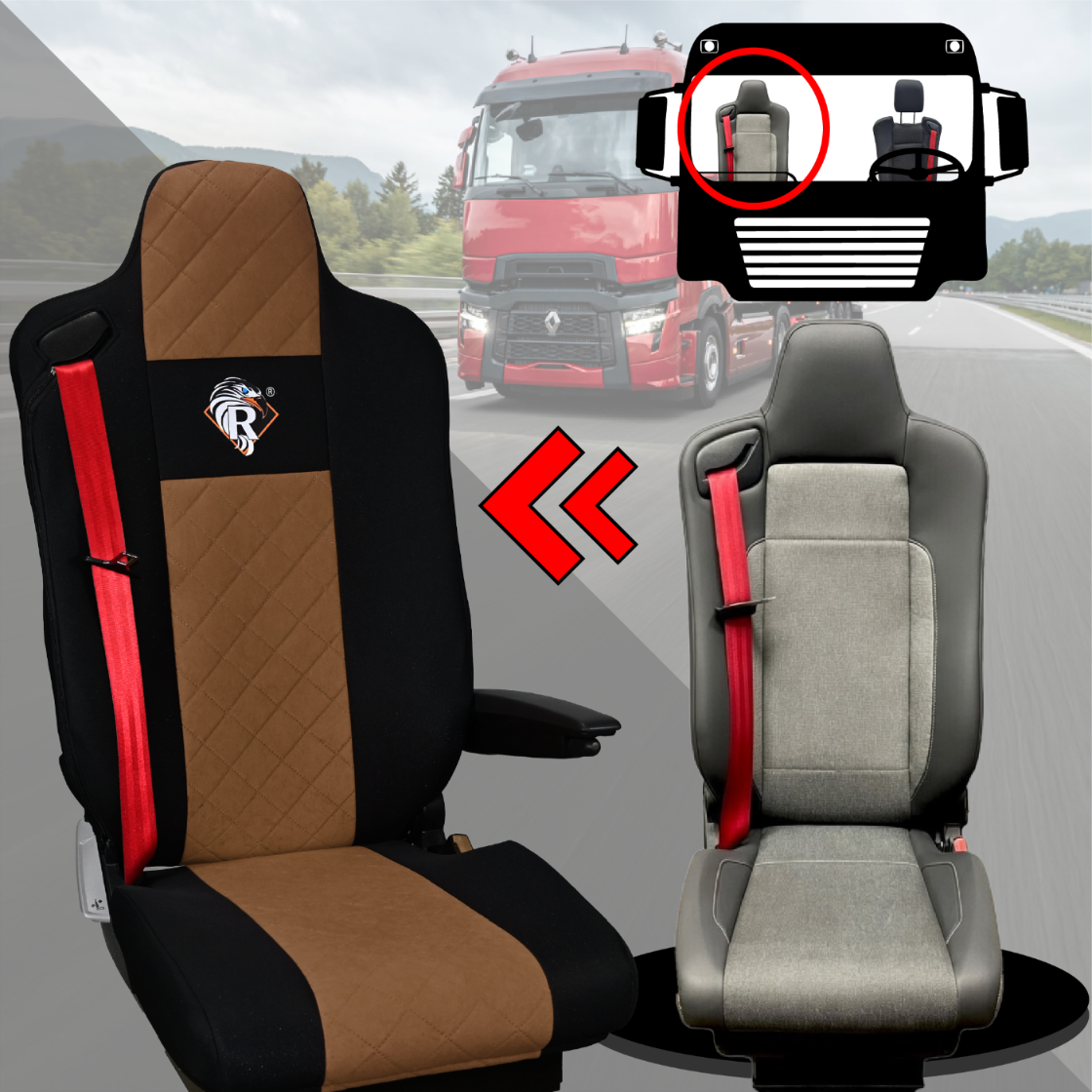 Pokrowce na fotele Renault Gama T od 2014 kierowca z zagłówkiem, pasażer lotniczy 2 pasy  BRĄZ SABA