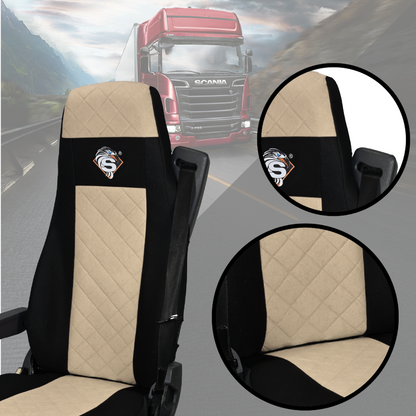 Pokrowce na fotele SCANIA seria R od 2004, 1+1, fotele lotnicze 2 pasy, fotel kierowcy i pasażera BASIC - KONFIGURACJA C - BEŻ SABA