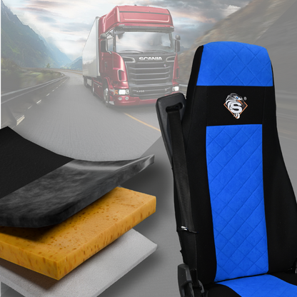 Pokrowce na fotele SCANIA seria R od 2013, seria S od 2017, fotele różne 2 pasy, fotel kierowcy PREMIUM, fotel pasażera BASIC - KONFIGURACJA E - NIEBIESKI SABA