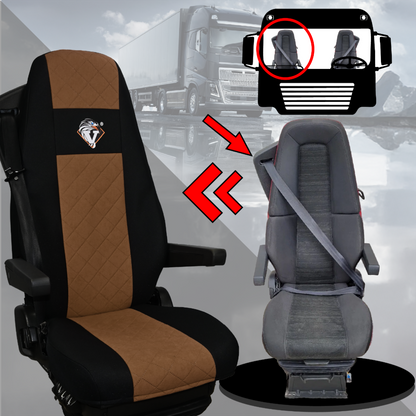 Pokrowce na fotele VOLVO FH4, FH, FH16, FMX, FM od 2013, FH5 od 2021, AERO od 2024 - 2 pasy BRĄZ SABA