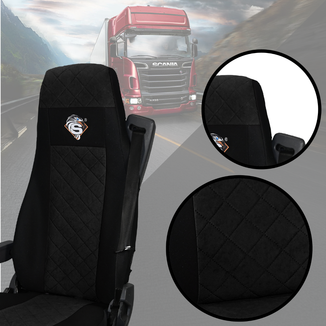 Pokrowce na fotele SCANIA seria R od 2004, 1+1, fotele różne 1 pas, fotel kierowcy BASIC - KONFIGURACJA A - CZARNY SABA