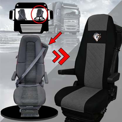 Pokrowce na fotele VOLVO FH4, FH, FH16, FMX, FM od 2013, FH5 od 2021, AERO od 2024 - 2 pasy SZARE SABA