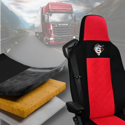 Pokrowce na fotele SCANIA seria R od 2013, seria S od 2017, fotele lotnicze 2 pasy, fotel kierowcy i pasażera PREMIUM - KONFIGURACJA D - CZERWONY SABA