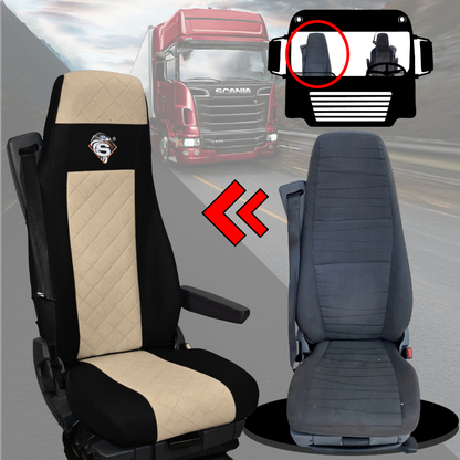 Pokrowce na fotele SCANIA seria R od 2013, seria S od 2017, fotele różne 2 pasy, fotel kierowcy PREMIUM, fotel pasażera BASIC - KONFIGURACJA E - BEŻ SABA