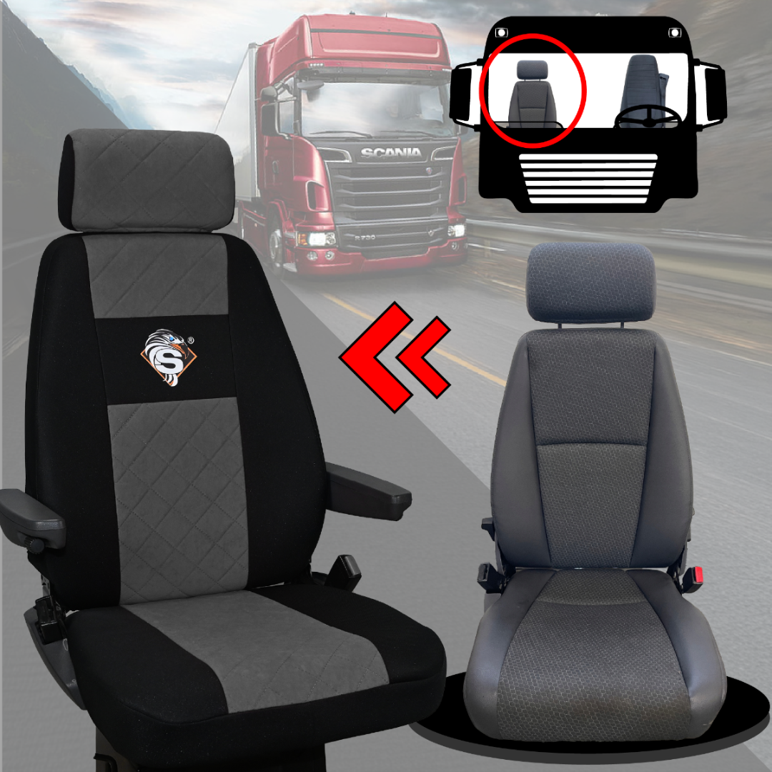 Pokrowce na fotele SCANIA seria R od 2004, 1+1, fotele różne 1 pas, fotel kierowcy BASIC - KONFIGURACJA A - SZARY SABA