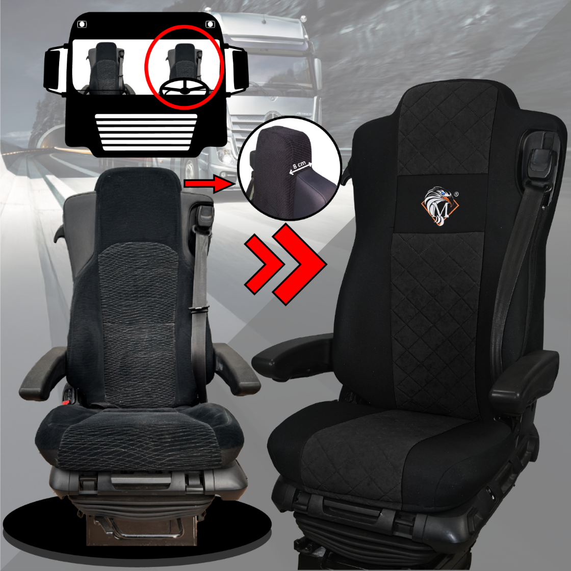 Pokrowce na fotele MERCEDES ACTROS MP4, AROX od 2011, MP5 od 2019 pasażer amortyzowany CZARNY SABA