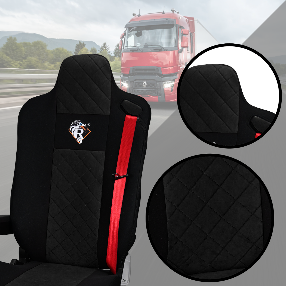 Pokrowce na fotele Renault Gama T od 2014 kierowca lotniczy, pasażer lotniczy 2 pasy  CZARNY SABA