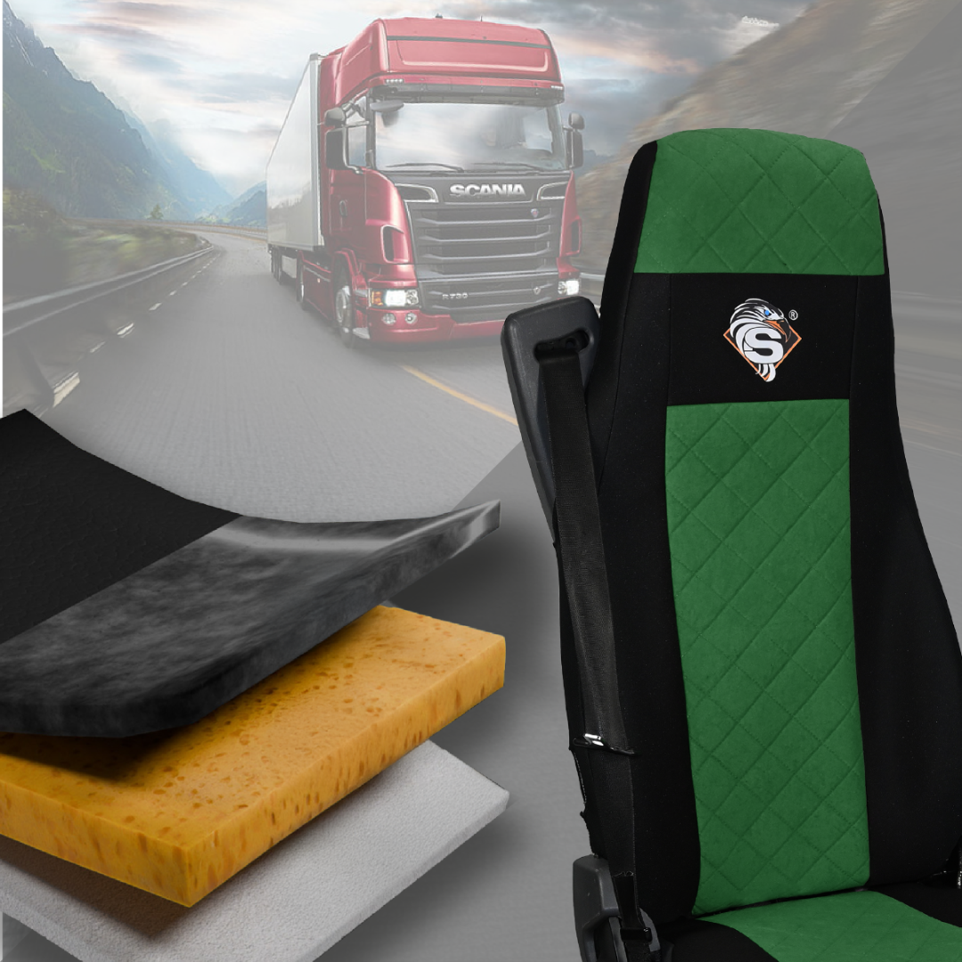 Pokrowce na fotele SCANIA seria R od 2013, seria S od 2017, fotele różne 2 pasy, fotel kierowcy PREMIUM, fotel pasażera BASIC - KONFIGURACJA E - ZIELONY SABA