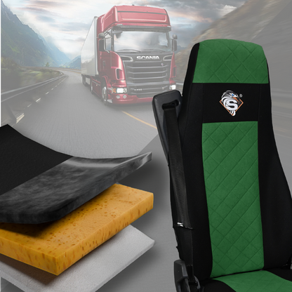 Pokrowce na fotele SCANIA seria R od 2013, seria S od 2017, fotele różne 2 pasy, fotel kierowcy PREMIUM, fotel pasażera BASIC - KONFIGURACJA E - ZIELONY SABA
