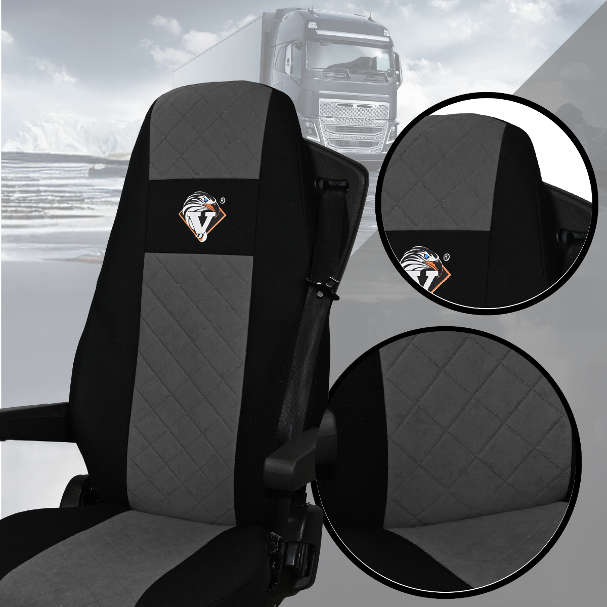 Pokrowce na fotele VOLVO FH4, FH, FH16, FMX, FM od 2013, FH5 od 2021, AERO od 2024 - 2 pasy SZARE SABA