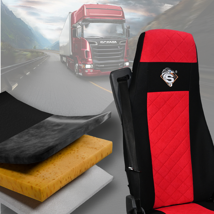 Pokrowce na fotele SCANIA seria R od 2004, 1+1, fotele lotnicze 2 pasy, fotel kierowcy i pasażera BASIC - KONFIGURACJA C - CZERWONY SABA