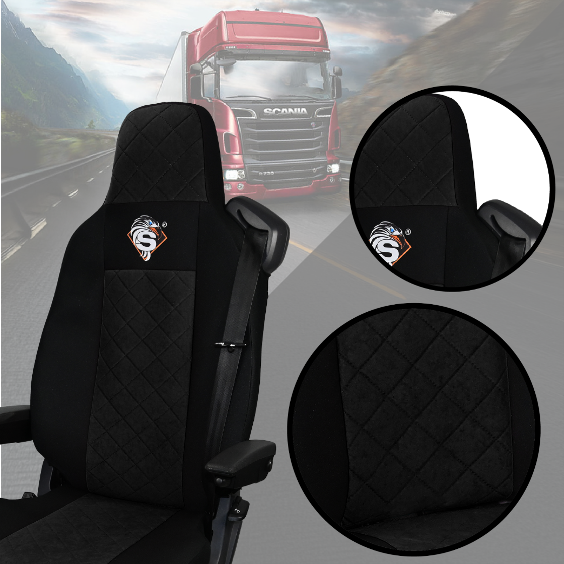 Pokrowce na fotele SCANIA seria R od 2013, seria S od 2017, fotele różne 2 pasy, fotel kierowcy PREMIUM, fotel pasażera BASIC - KONFIGURACJA E - CZARNY SABA