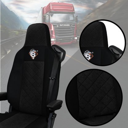 Pokrowce na fotele SCANIA seria R od 2013, seria S od 2017, fotele różne 2 pasy, fotel kierowcy PREMIUM, fotel pasażera BASIC - KONFIGURACJA E - CZARNY SABA