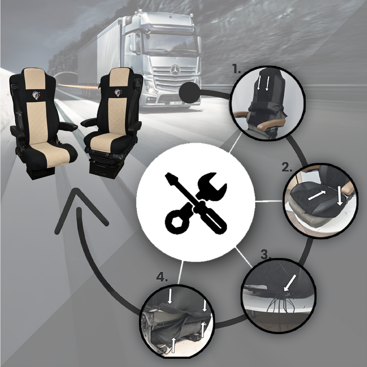 Pokrowce na fotele MERCEDES ACTROS L od 2022 2pasy, fotele lotnicze, fotel pasażera nieamortyzowany BEŻ SABA