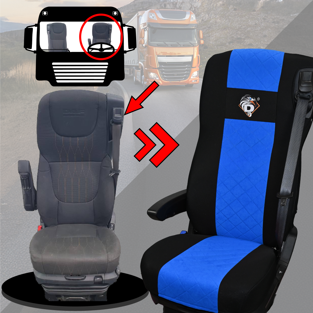Pokrowce na fotele DAF 105 XF od 2012, 106 XF od 2013, XG, XG+ od 2022 2 pasy NIEBIESKI SABA