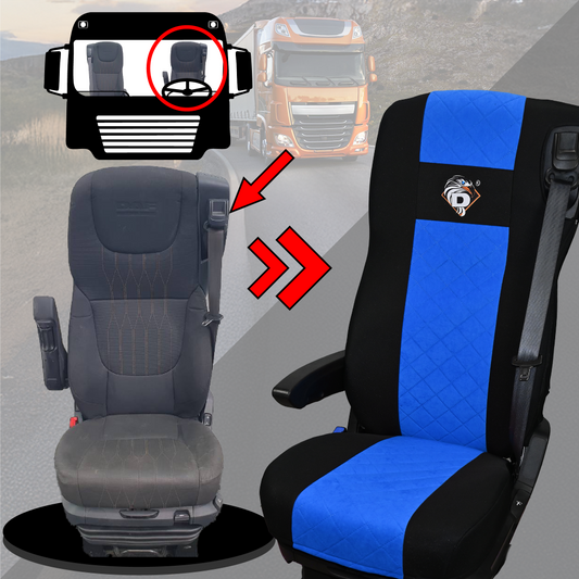 Pokrowce na fotele DAF 105 XF od 2012, 106 XF od 2013, XG, XG+ od 2022 2 pasy NIEBIESKI SABA
