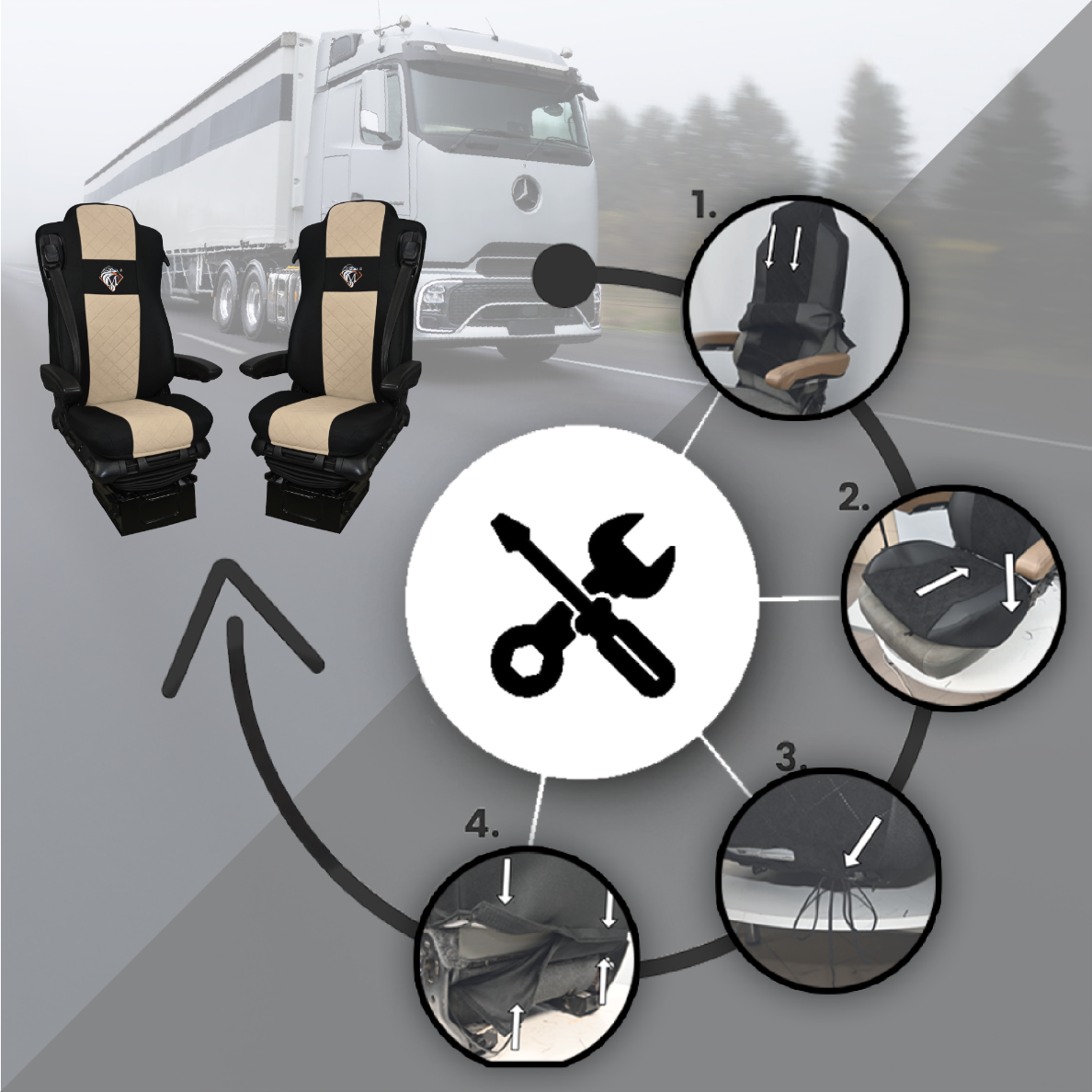 Pokrowce na fotele MERCEDES ACTROS L od 2022 2pasy, fotele lotnicze, fotel pasażera amortyzowany BEŻ SABA