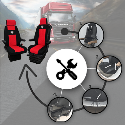 Pokrowce na fotele SCANIA seria R od 2013, seria S od 2017, fotele różne 1pas, fotel kierowcy PREMIUM - KONFIGURACJA B - CZERWONY SABA