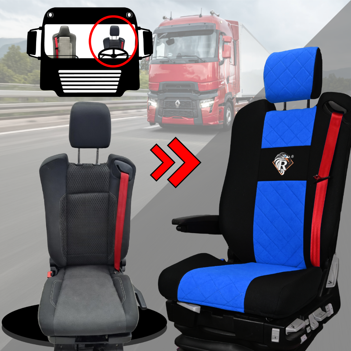 Pokrowce na fotele Renault Gama T od 2014 kierowca z zagłówkiem, pasażer lotniczy 2 pasy  NIEBIESKI SABA