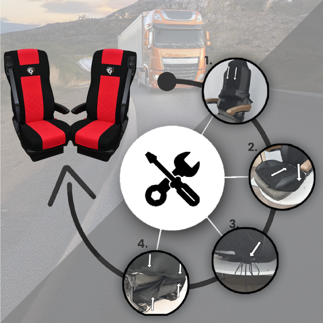 Pokrowce na fotele DAF 105 XF od 2012, 106 XF od 2013, XG, XG+ od 2022 2 pasy CZERWONY SABA