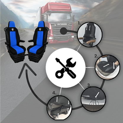 Pokrowce na fotele SCANIA seria R od 2013, seria S od 2017, fotele lotnicze 2 pasy, fotel kierowcy i pasażera PREMIUM - KONFIGURACJA D - NIEBIESKI SABA