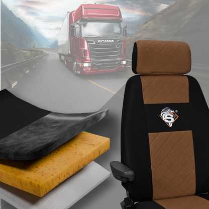 Pokrowce na fotele SCANIA seria R od 2004, 1+1, fotele różne 1 pas, fotel kierowcy BASIC - KONFIGURACJA A - BRĄZ SABA