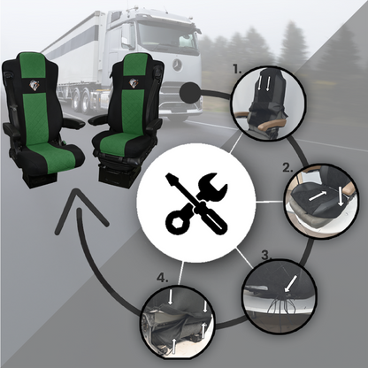 Pokrowce na fotele MERCEDES ACTROS L od 2022 2pasy, fotele lotnicze, fotel pasażera nieamortyzowany ZIELONY SABA