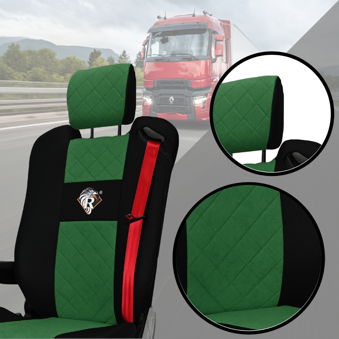 Pokrowce na fotele Renault Gama T od 2014 z zagłówkami regulowanymi 2 pasy ZIELONY SABA