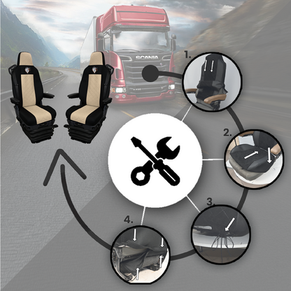 Pokrowce na fotele SCANIA seria R od 2013, seria S od 2017, fotele lotnicze 2 pasy, fotel kierowcy i pasażera PREMIUM - KONFIGURACJA D - BEŻ SABA