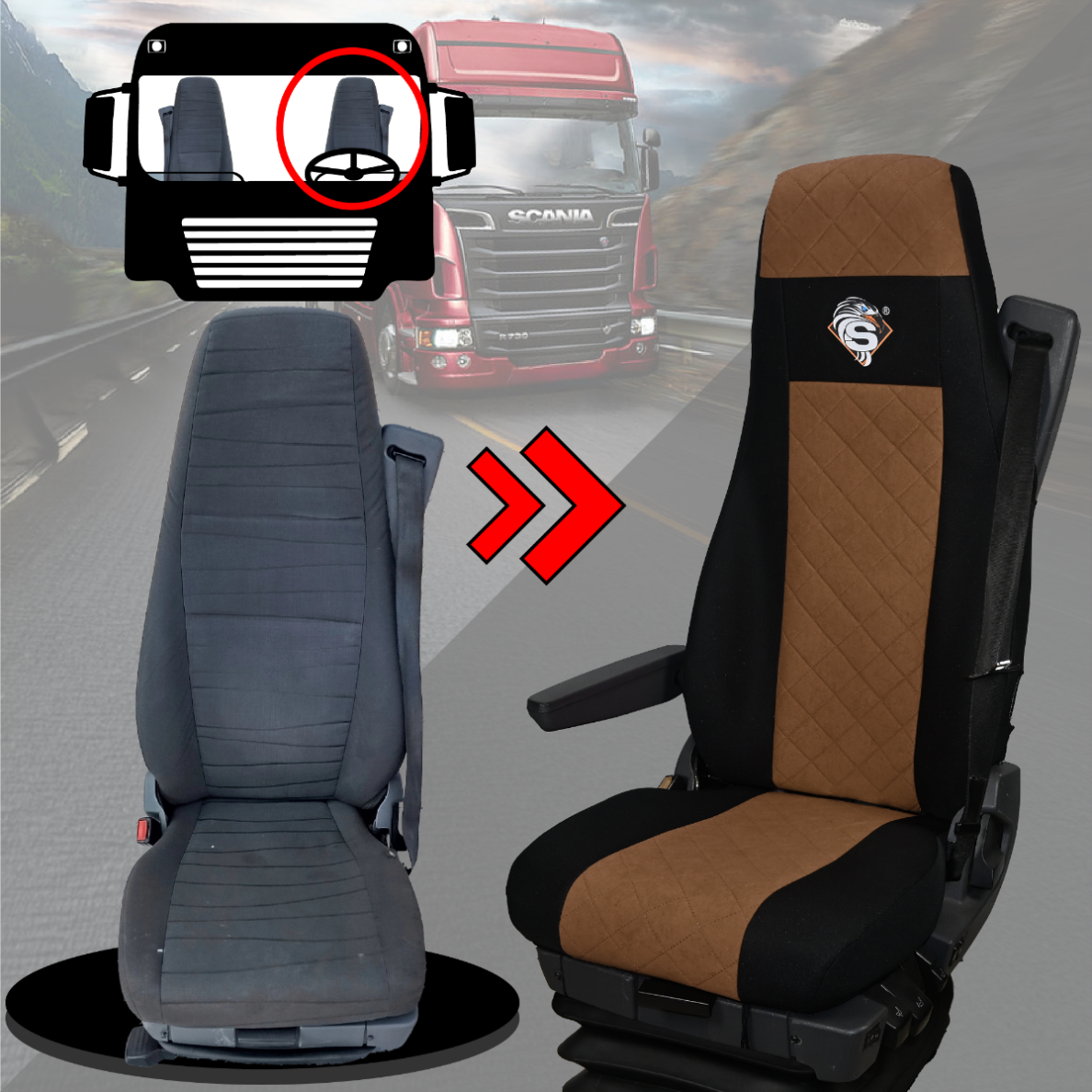 Pokrowce na fotele SCANIA seria R od 2004, 1+1, fotele lotnicze 2 pasy, fotel kierowcy i pasażera BASIC - KONFIGURACJA C - BRĄZ SABA