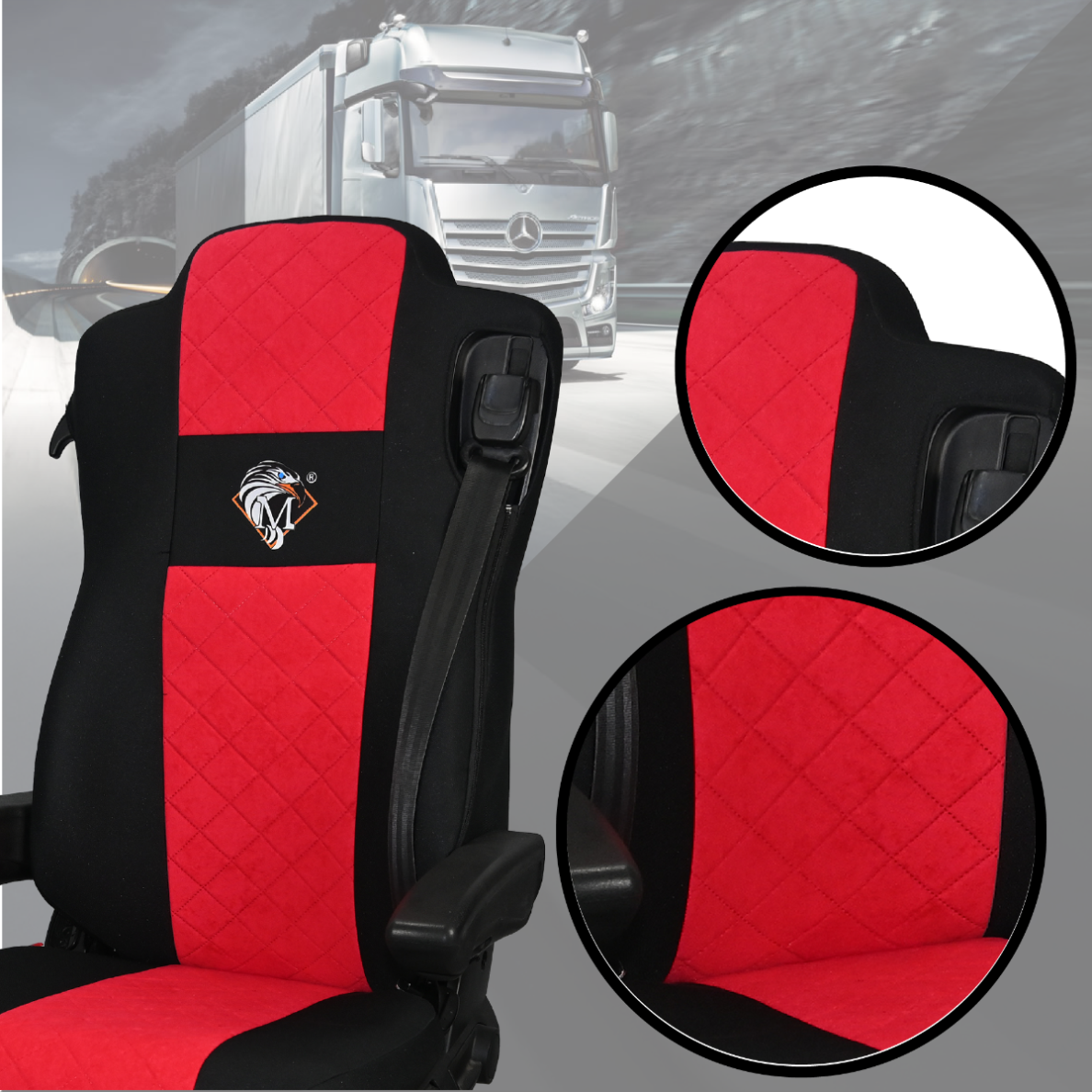 Pokrowce na fotele MERCEDES ACTROS MP4, AROX od 2011, MP5 od 2019 pasażer amortyzowany CZERWONY SABA