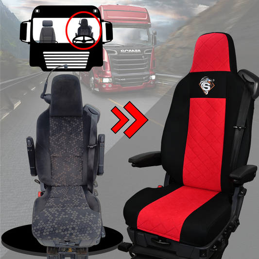 Pokrowce na fotele SCANIA seria R od 2013, seria S od 2017, fotele różne 1pas, fotel kierowcy PREMIUM - KONFIGURACJA B - CZERWONY SABA
