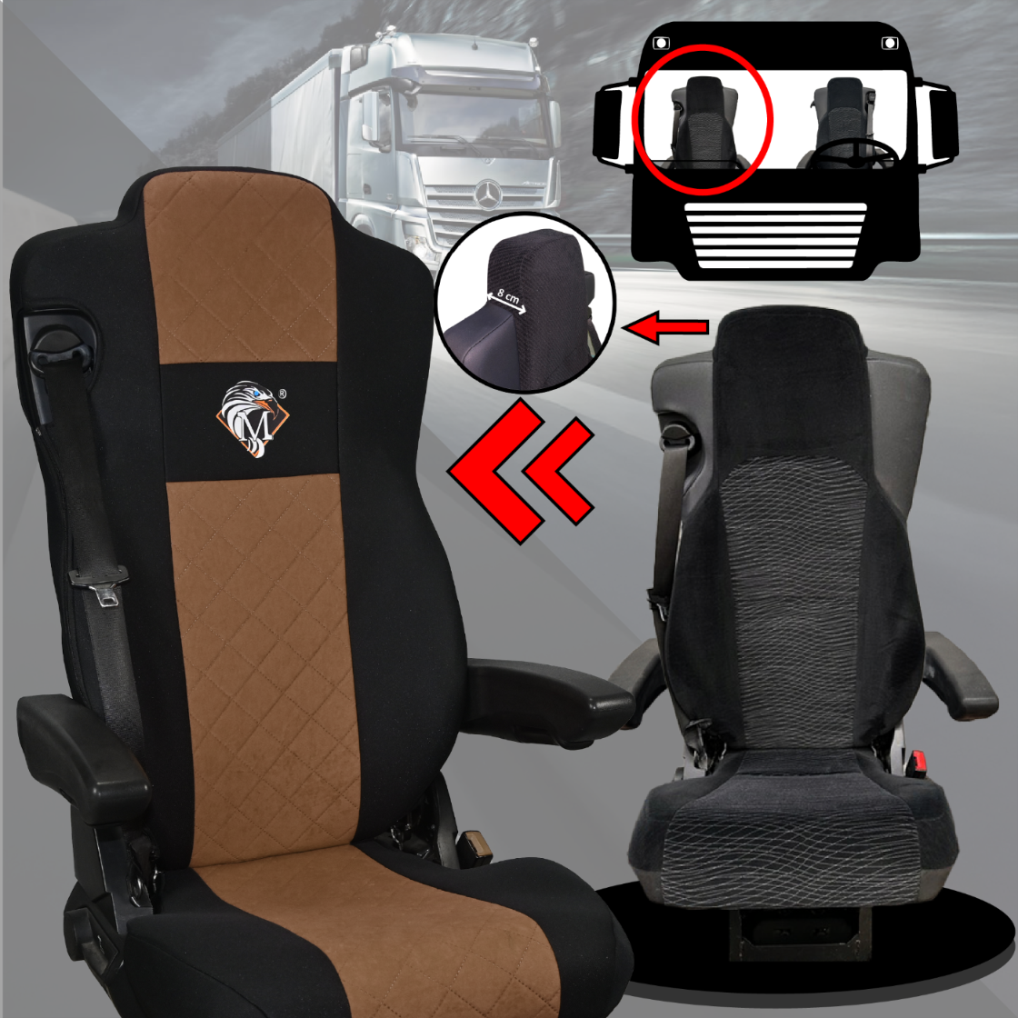 Pokrowce na fotele MERCEDES ACTROS MP4, AROX od 2011, MP5 od 2019 pasażer nieamortyzowany BRĄZ SABA