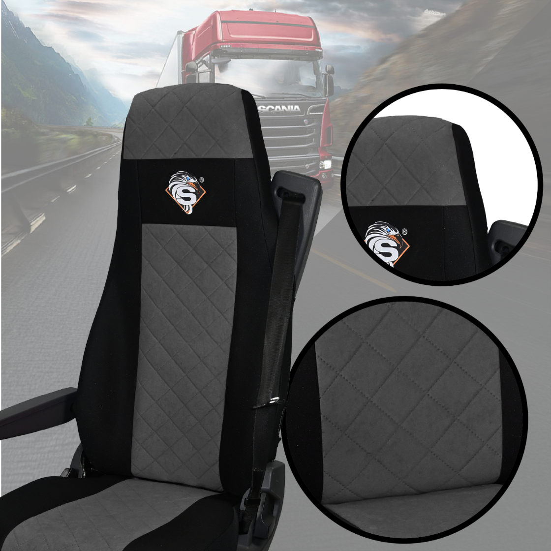 Pokrowce na fotele SCANIA seria R od 2004, 1+1, fotele różne 1 pas, fotel kierowcy BASIC - KONFIGURACJA A - SZARY SABA