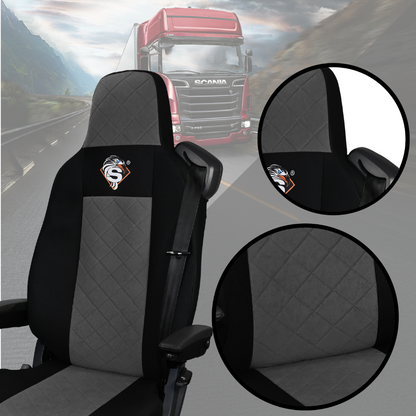 Pokrowce na fotele SCANIA seria R od 2013, seria S od 2017, fotele lotnicze 2 pasy, fotel kierowcy i pasażera PREMIUM - KONFIGURACJA D - SZARY SABA