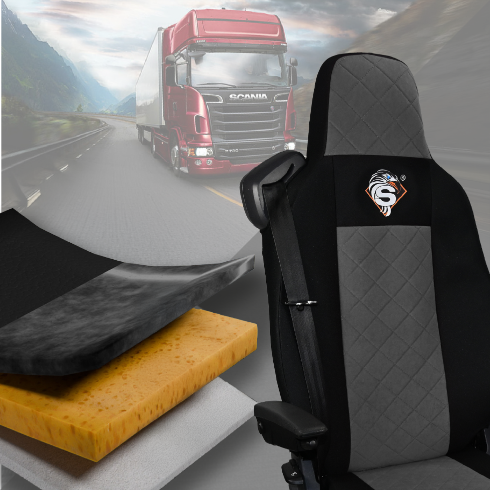 Pokrowce na fotele SCANIA seria R od 2013, seria S od 2017, fotele lotnicze 2 pasy, fotel kierowcy i pasażera PREMIUM - KONFIGURACJA D - SZARY SABA