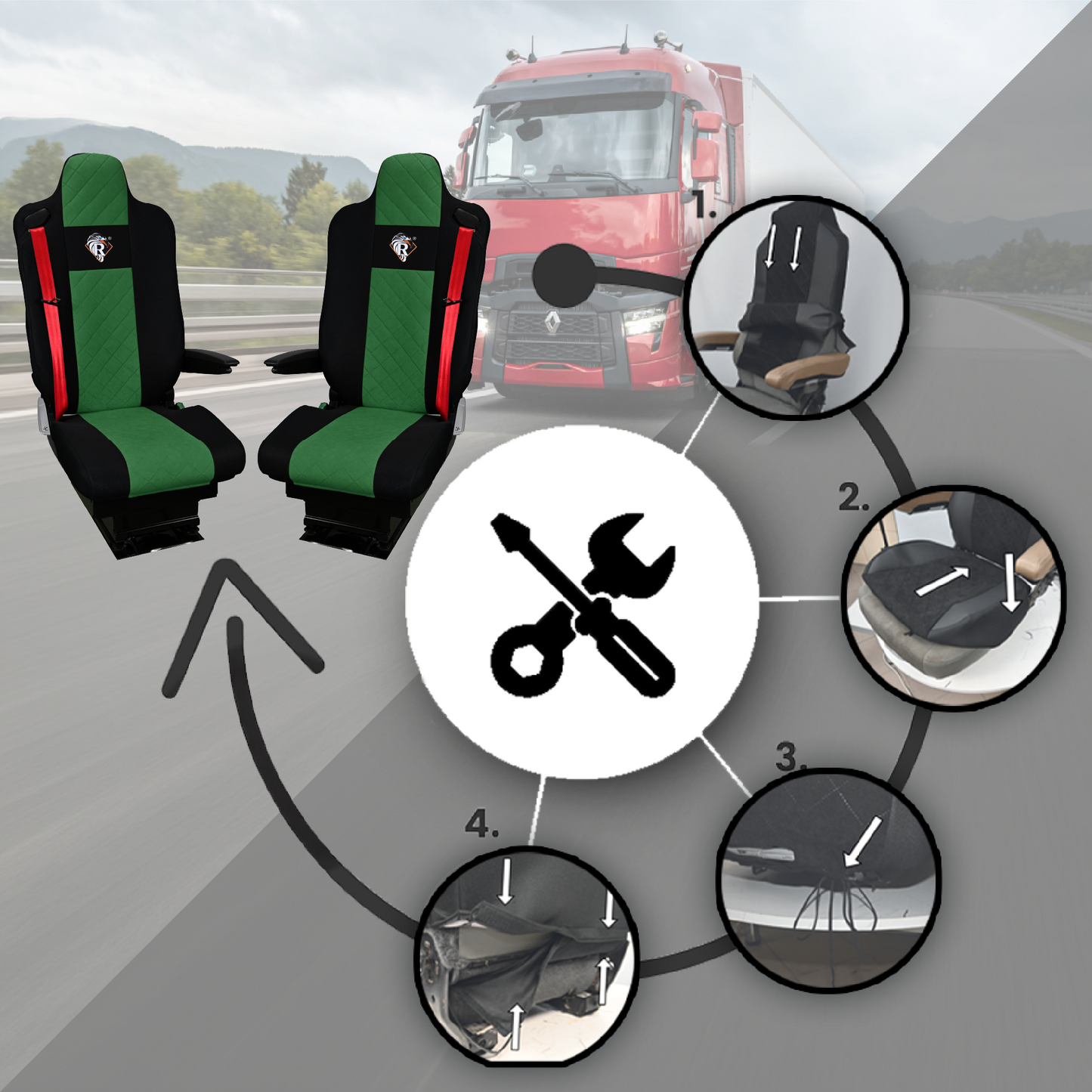 Pokrowce na fotele Renault Gama T od 2014 kierowca lotniczy, pasażer lotniczy 2 pasy  ZIELONY SABA