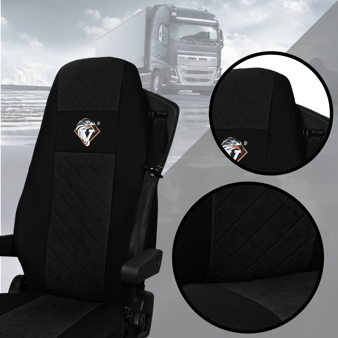 Pokrowce na fotele VOLVO FH4, FH, FH16, FMX, FM od 2013, FH5 od 2021, AERO od 2024 - 1 pas CZARNY SABA